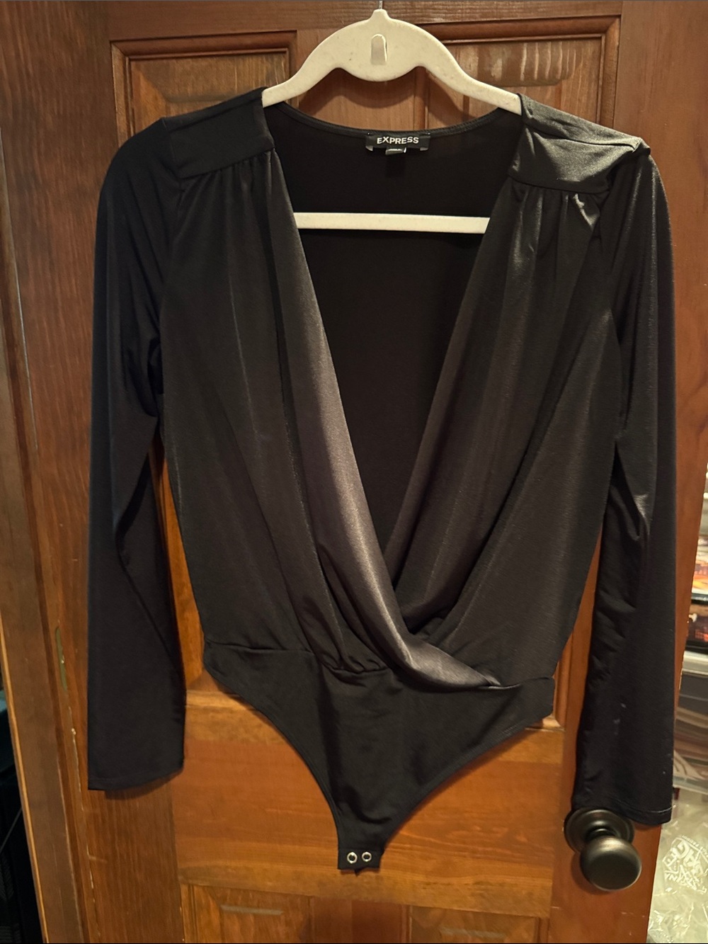 Express Black Draped V-Neck Long Sleeve Bodysuit